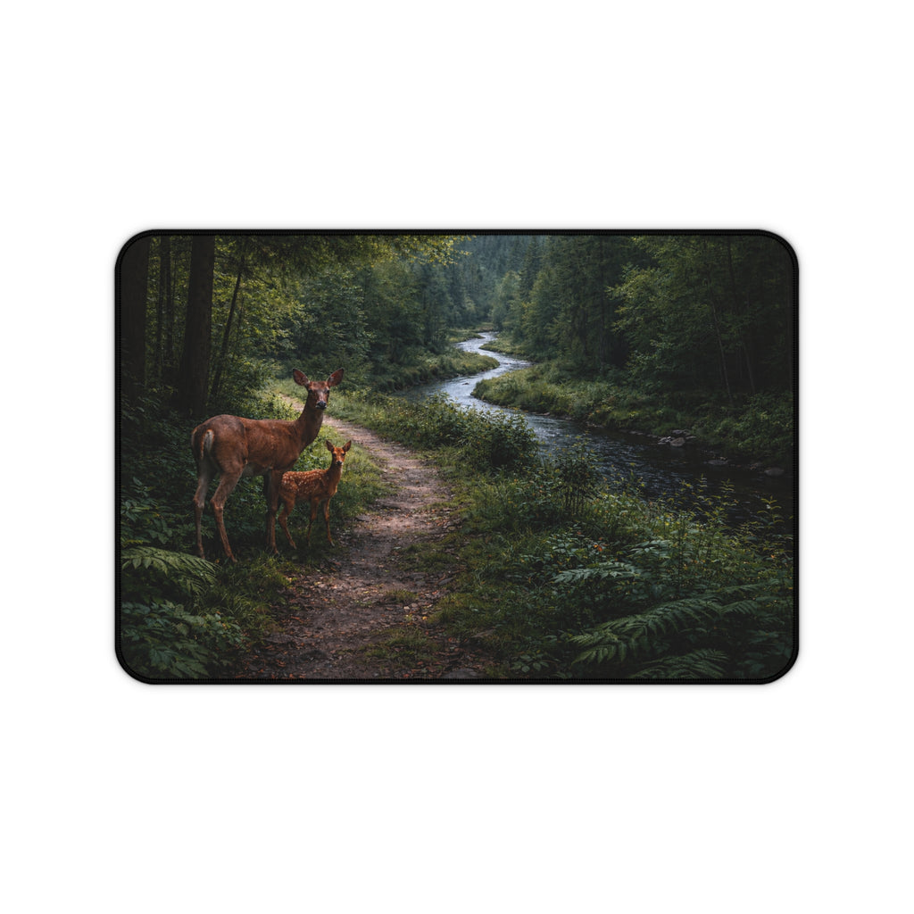 Forest Path Mouse Pad Desk Mat — Deer & Fawn Woodland Scene