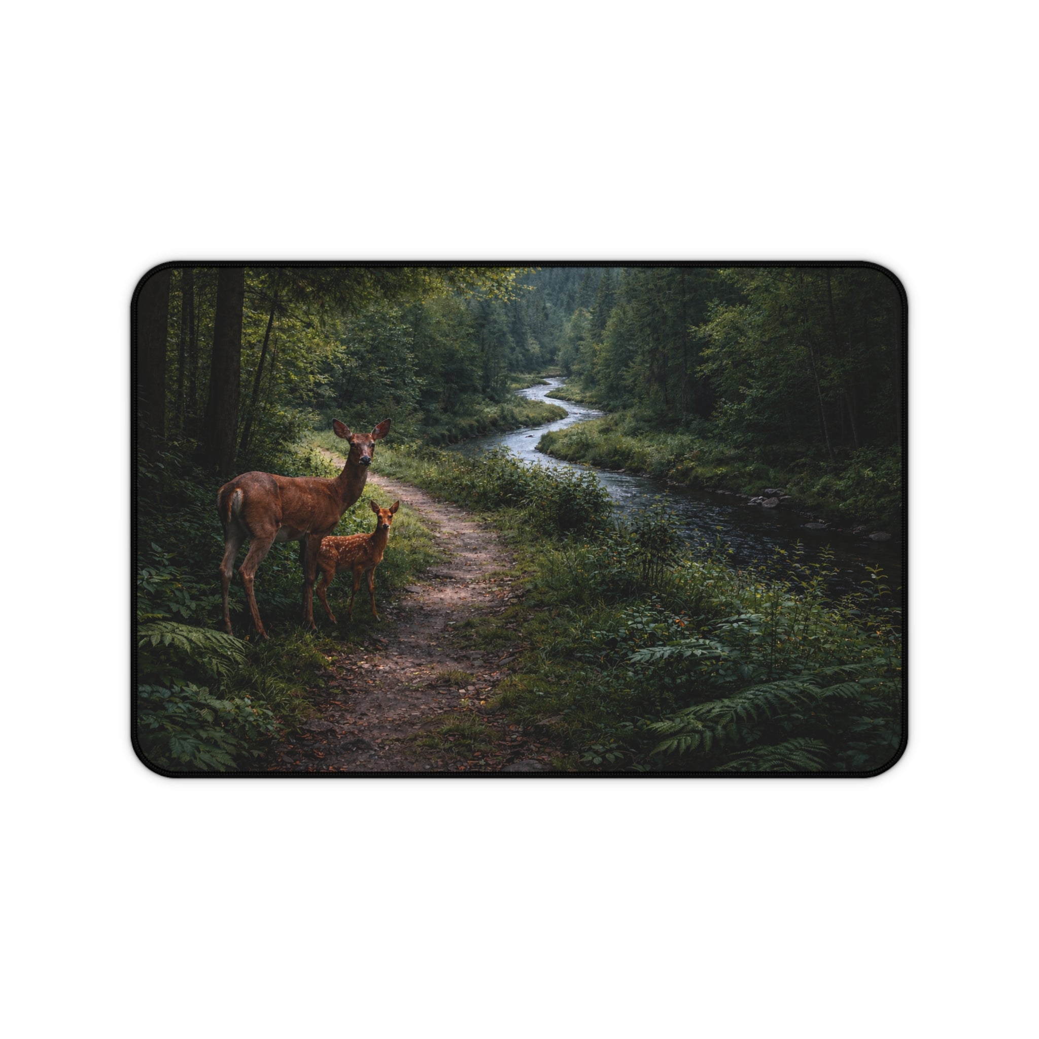 Forest Path Mouse Pad Desk Mat — Deer & Fawn Woodland Scene