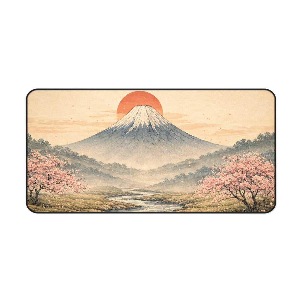 Japanese Ukiyo-e Desk Mat — Mountain, Red Sun & Cherry Blossoms