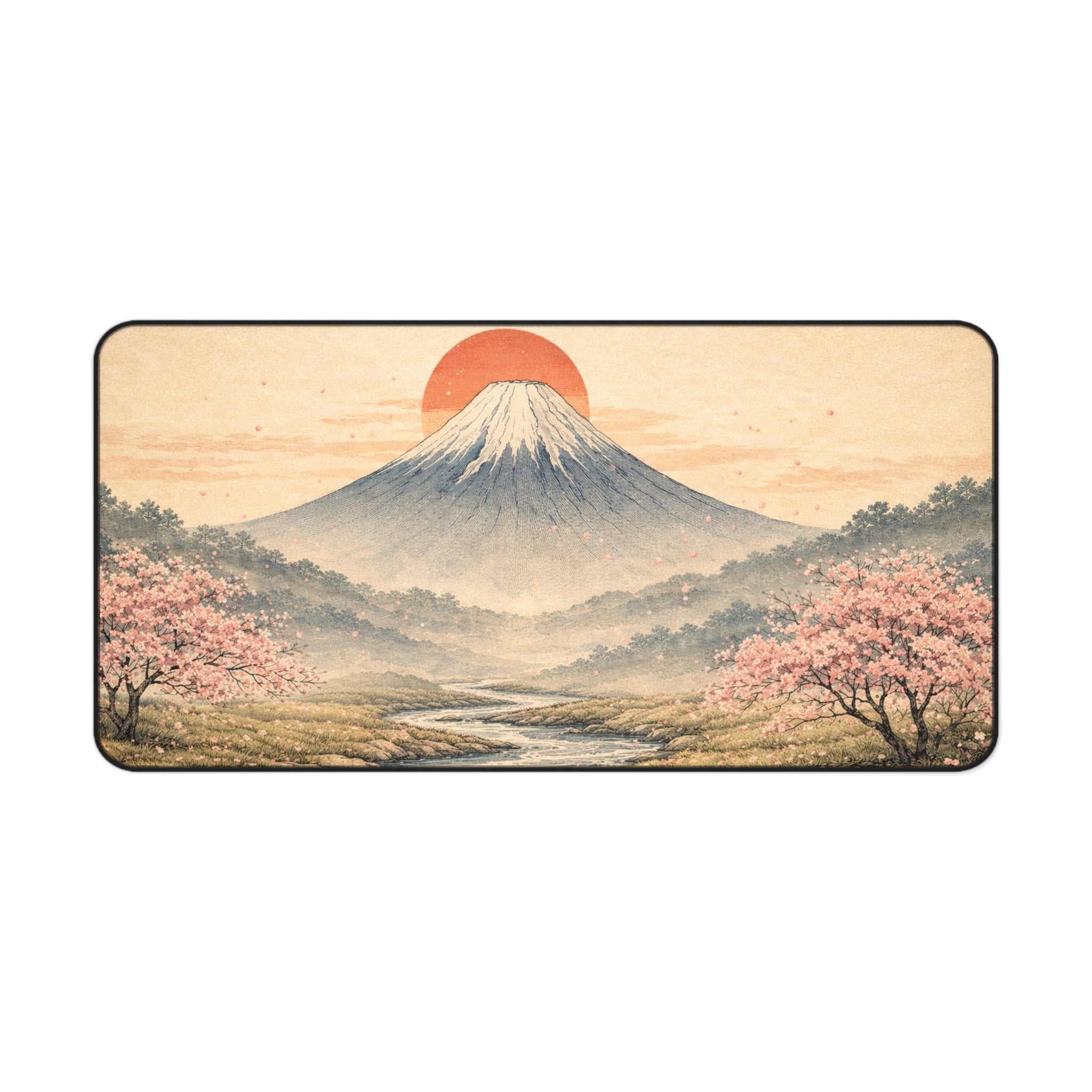 Japanese Ukiyo-e Desk Mat — Mountain, Red Sun & Cherry Blossoms