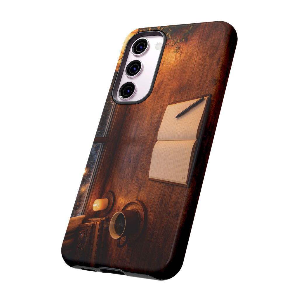Cozy Writer’s Desk Phone Case — Cozy Notebook & Coffee Woodgrain Design