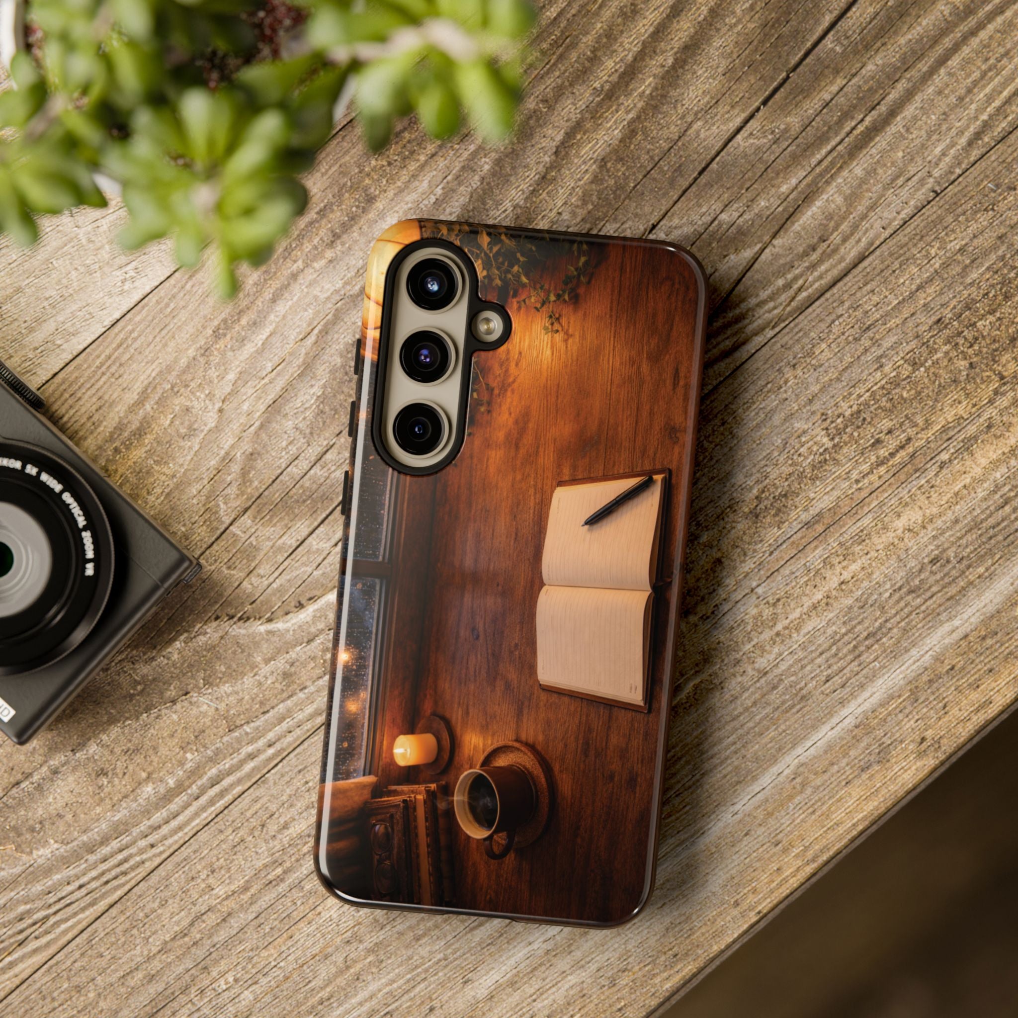 Cozy Writer’s Desk Phone Case — Cozy Notebook & Coffee Woodgrain Design